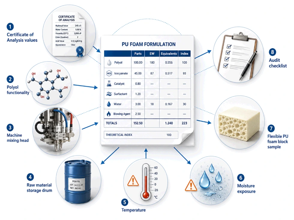 Polyurethane formulation sheet audit showing missing CoA values, machine factors, and raw material condition