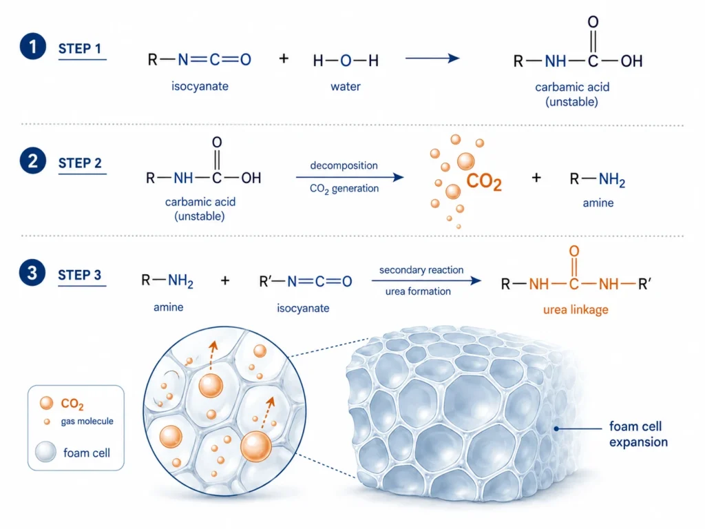 PU foam blowing reaction showing water reacting with isocyanate to form CO2 and urea linkage