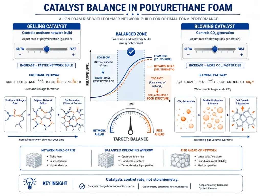 PU foam catalyst balance controlling gelling and blowing reaction rates