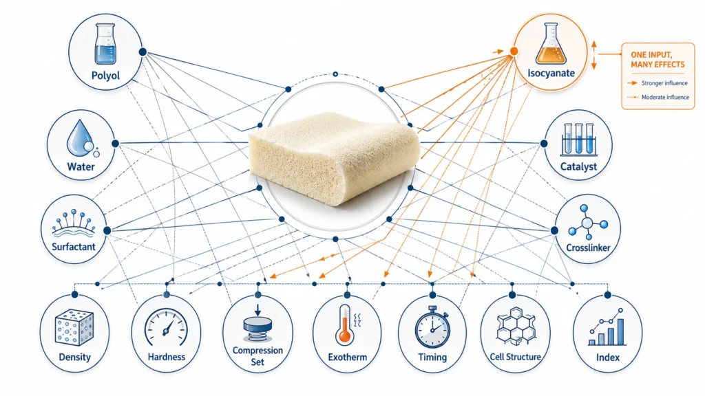 PU foam formula shown as interconnected system where each raw material affects multiple properties