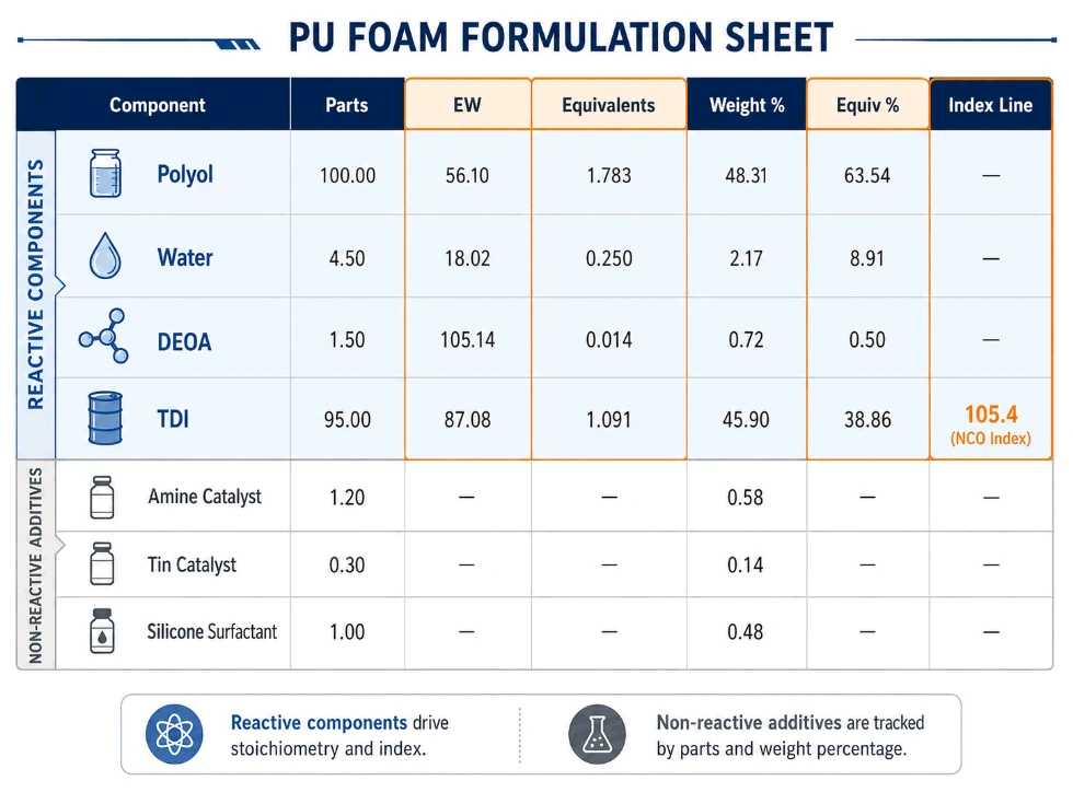 PU foam formulation sheet columns showing parts equivalent weight equivalents weight percent and equivalent percent 