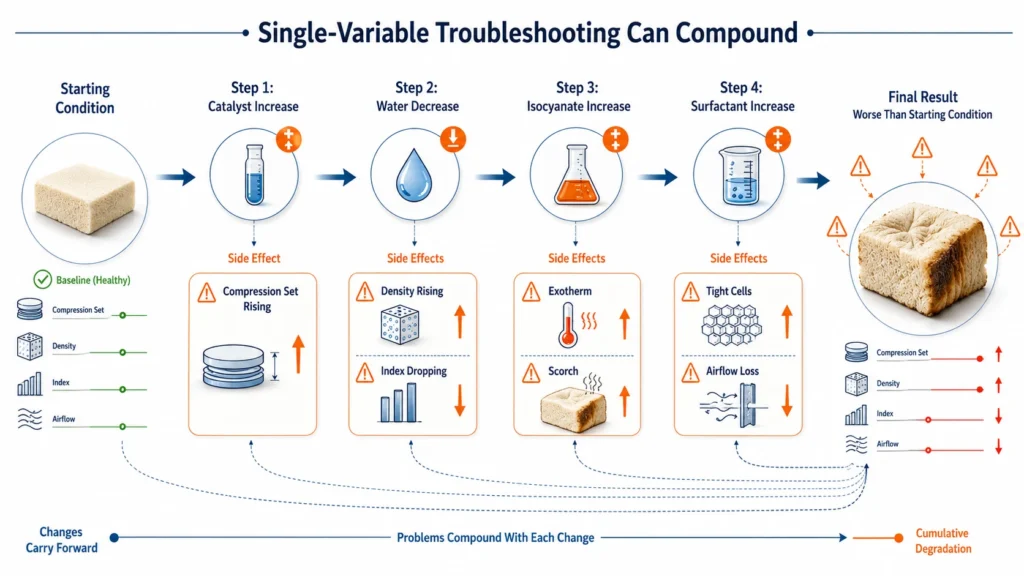 Single variable PU foam troubleshooting failure pattern showing four sequential adjustments compounding into worse formula