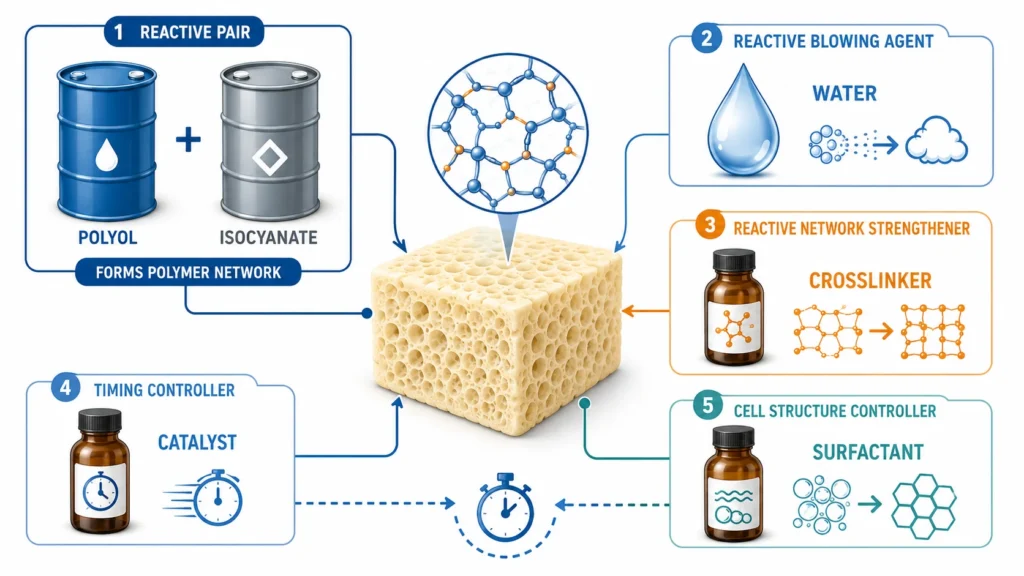 Overview of six polyurethane foam raw materials and the foam properties each one controls