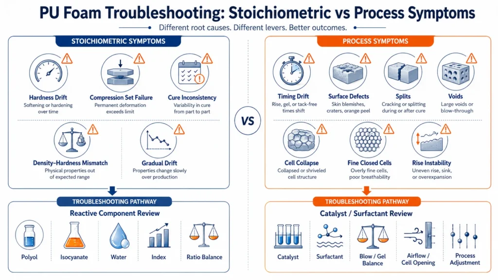 Two PU foam symptom groups showing stoichiometric problems versus process and cell structure problems