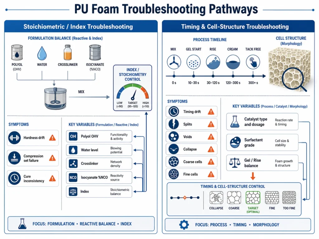 Two PU foam troubleshooting pathways stoichiometric index versus timing and cell structure 