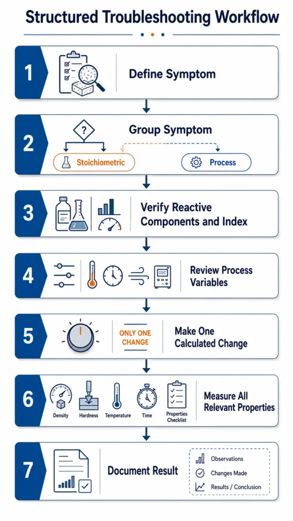 PU foam troubleshooting workflow with seven steps from symptom definition to documentation 