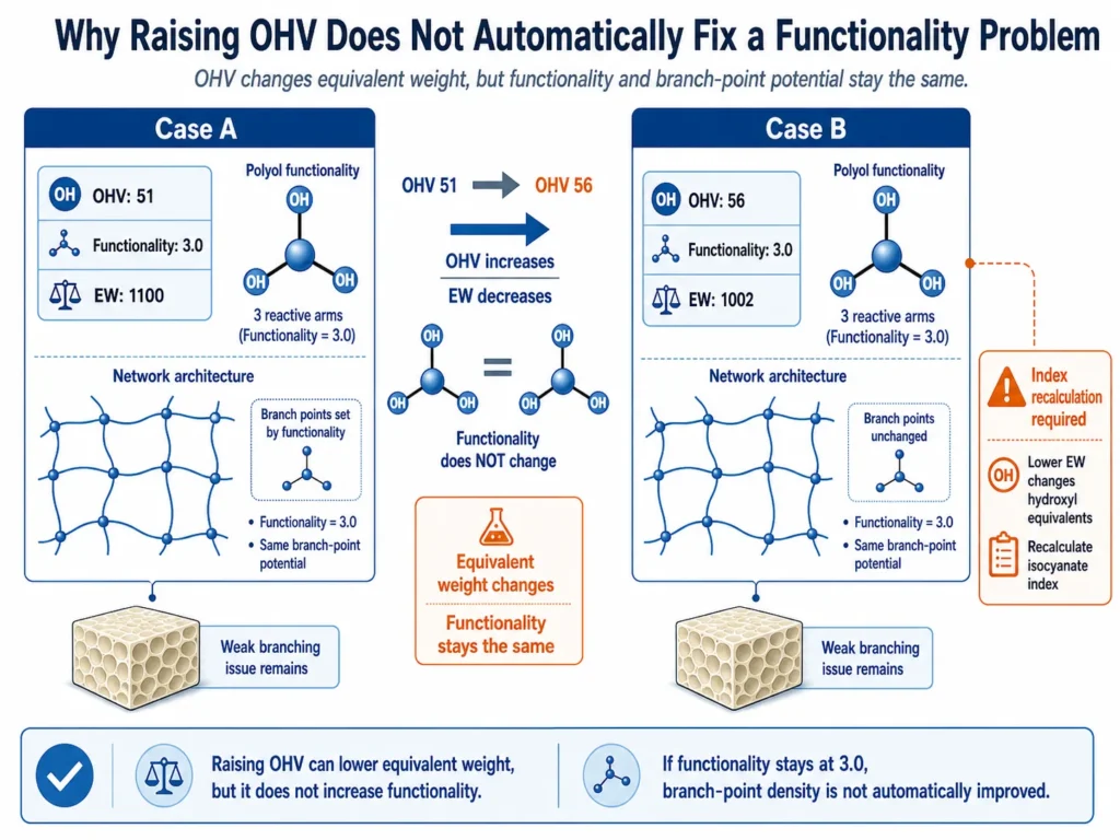 Raising hydroxyl value does not fix low polyol functionality in PU foam formulation