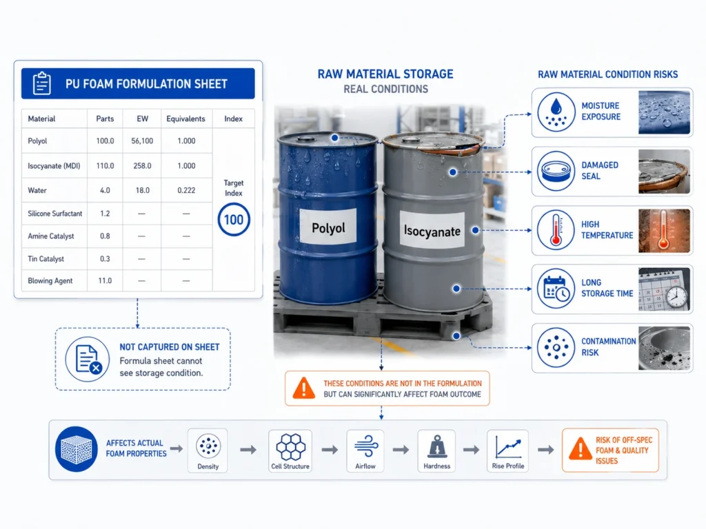 Raw material condition missing from polyurethane formulation sheet including moisture and storage risk 