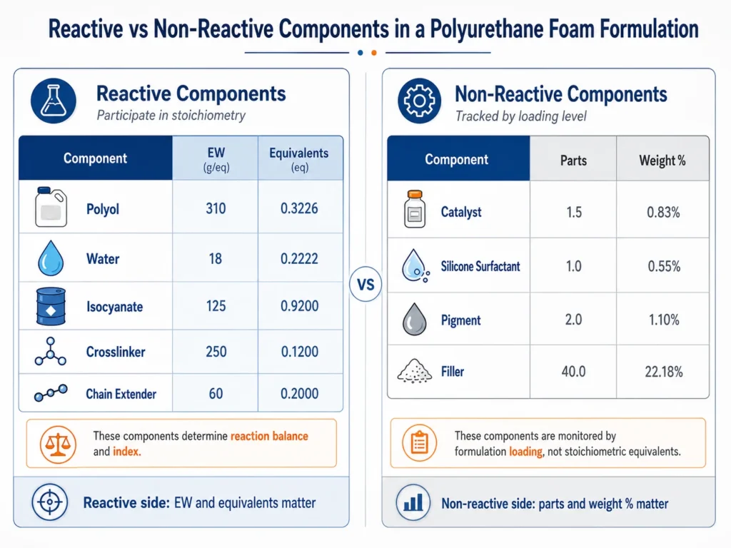 Reactive and non-reactive components in a polyurethane foam formulation sheet