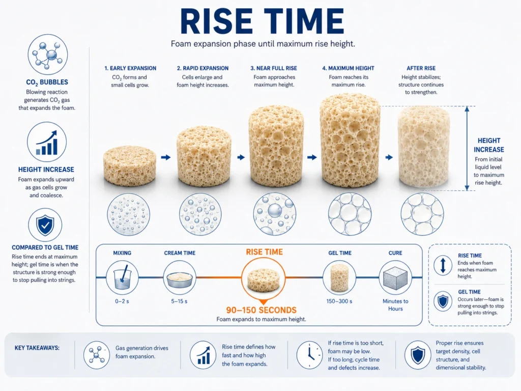Rise time in PU foam showing maximum foam height and reaction balance with gel time 