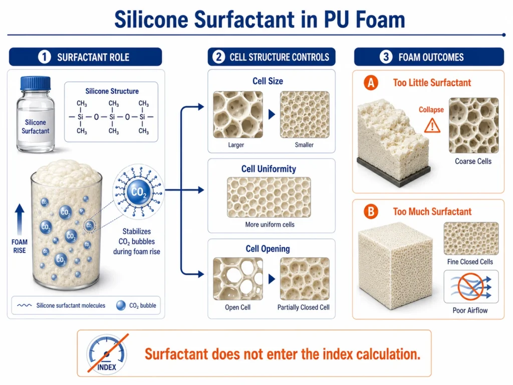 Silicone surfactant controlling cell size cell uniformity and cell opening in polyurethane foam 
