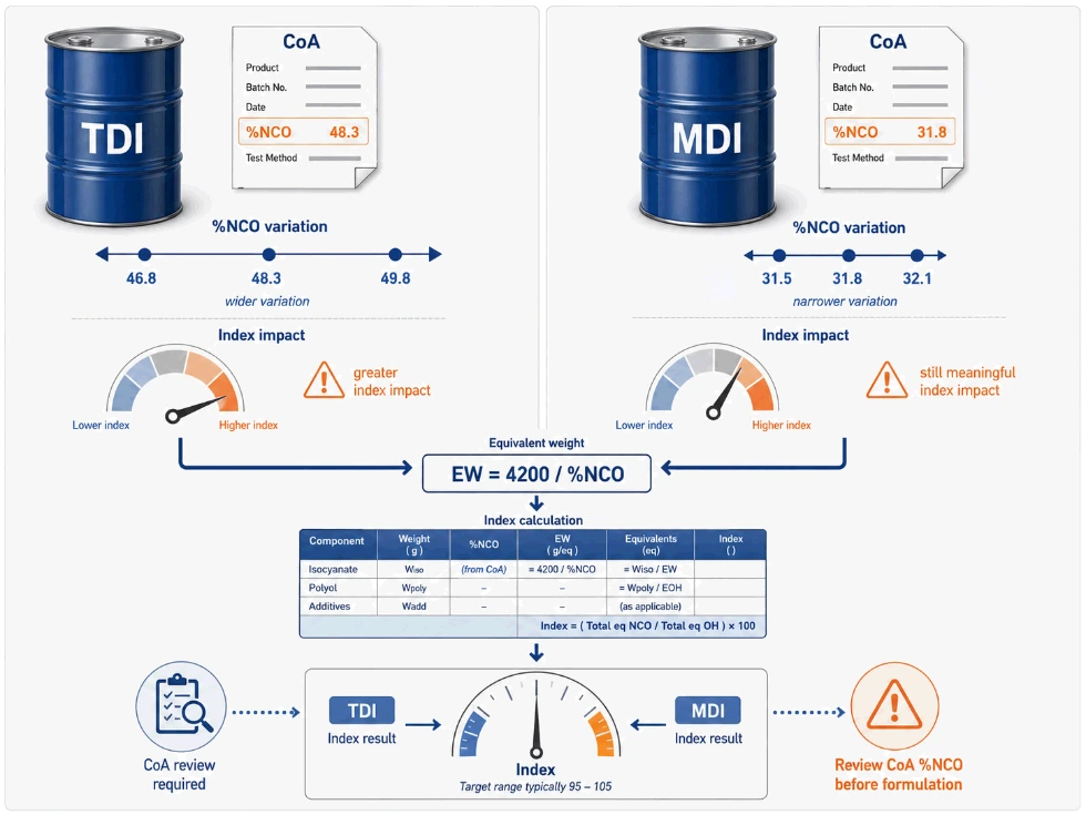 TDI and MDI NCO content variation requiring CoA review in polyurethane foam formulation 
