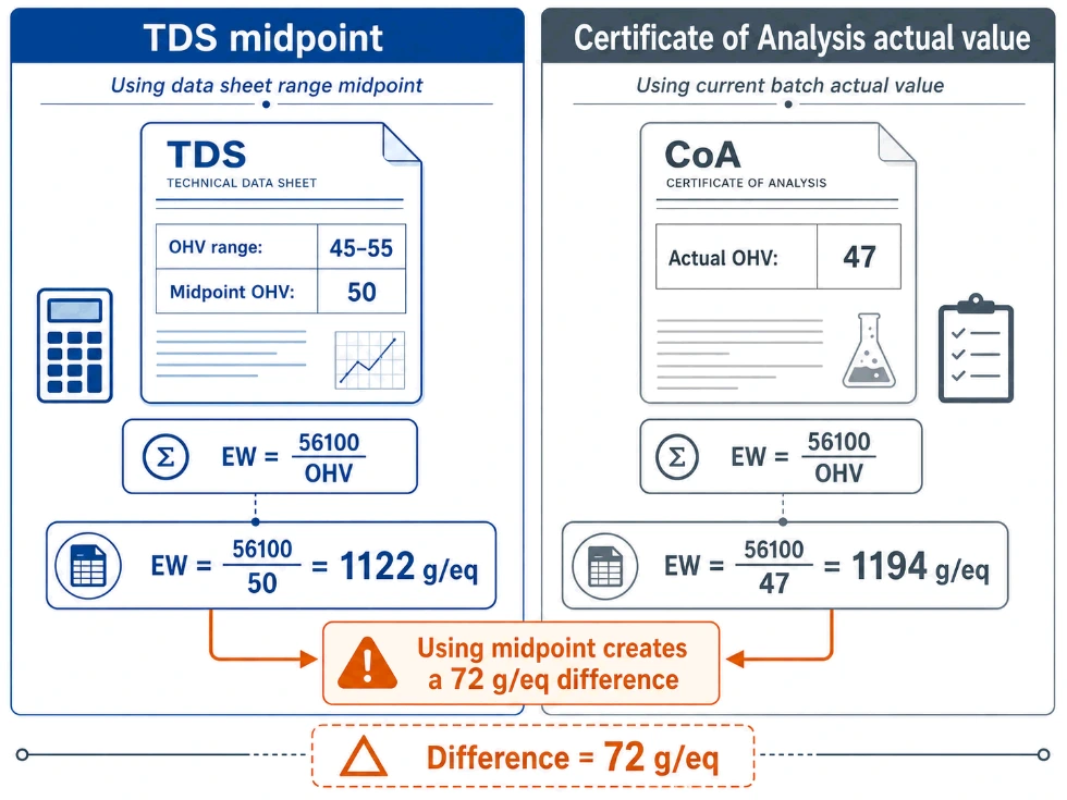 DEOA equivalent weight mistake showing OHV-only calculation versus all reactive groups