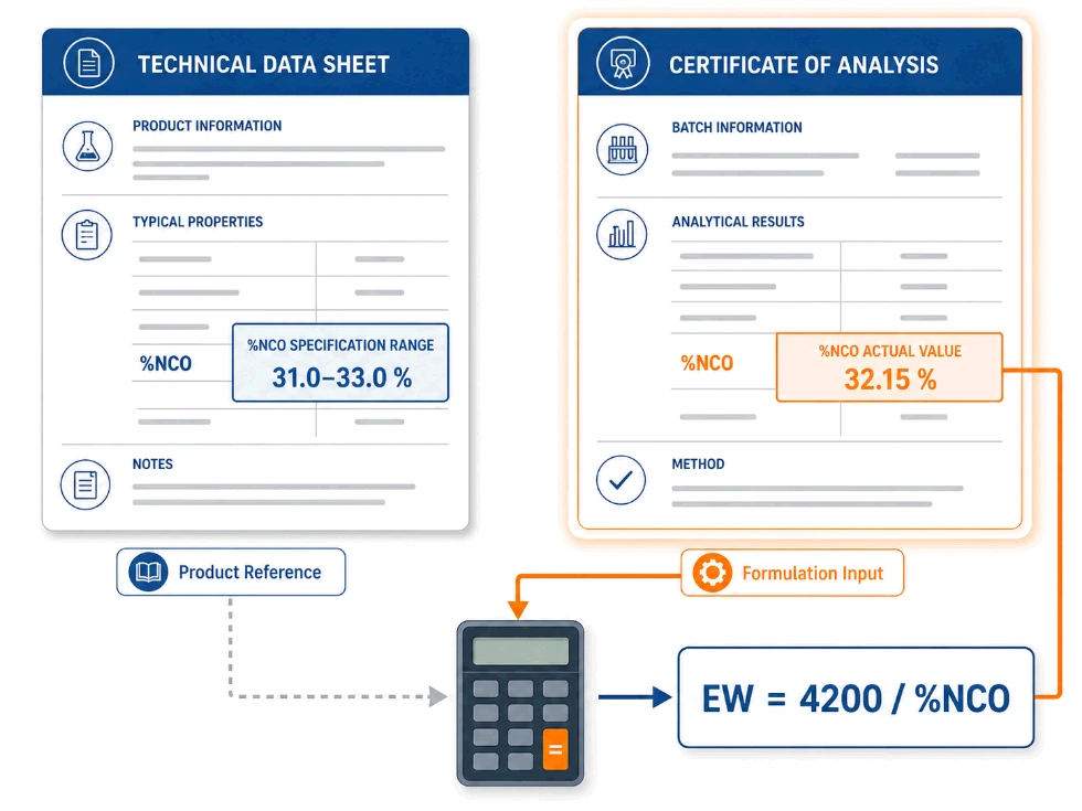  Technical Data Sheet range compared with Certificate of Analysis actual NCO value 
