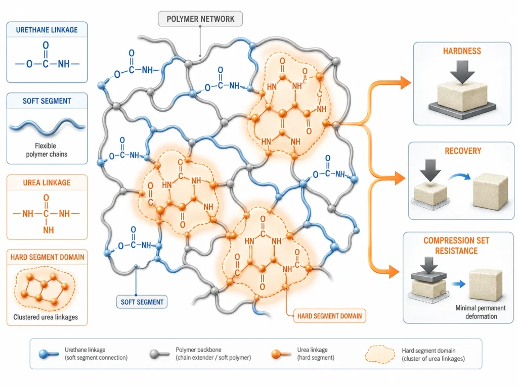 Urea hard segments formed by water in polyurethane foam network providing hardness and recovery