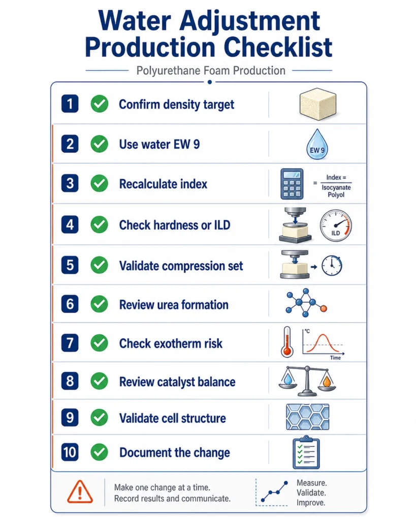 Water adjustment production checklist for polyurethane foam formulation