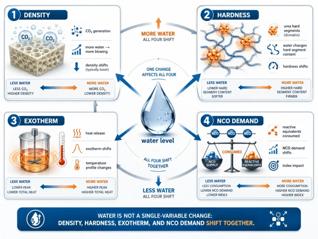 Water level affecting density hardness exotherm and NCO demand simultaneously in polyurethane foam