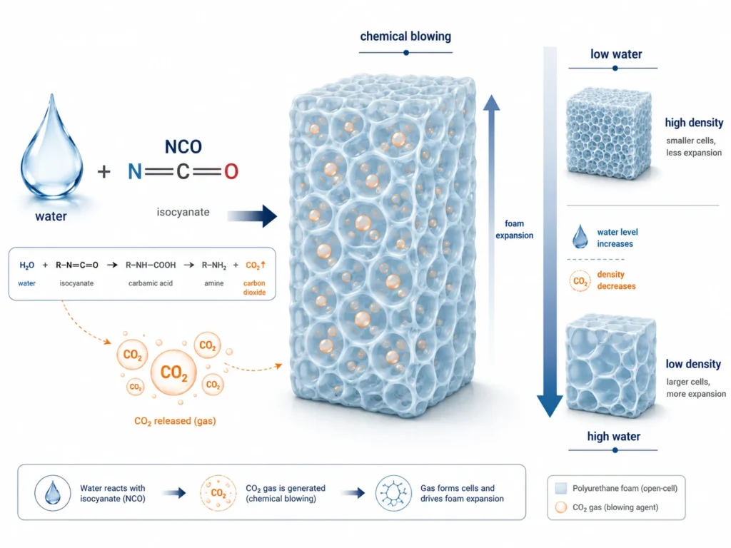 Water as chemical blowing agent generating CO2 and reducing density in polyurethane foam