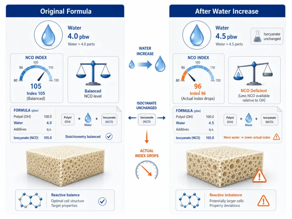 Water level change causing isocyanate index shift in PU foam formulation