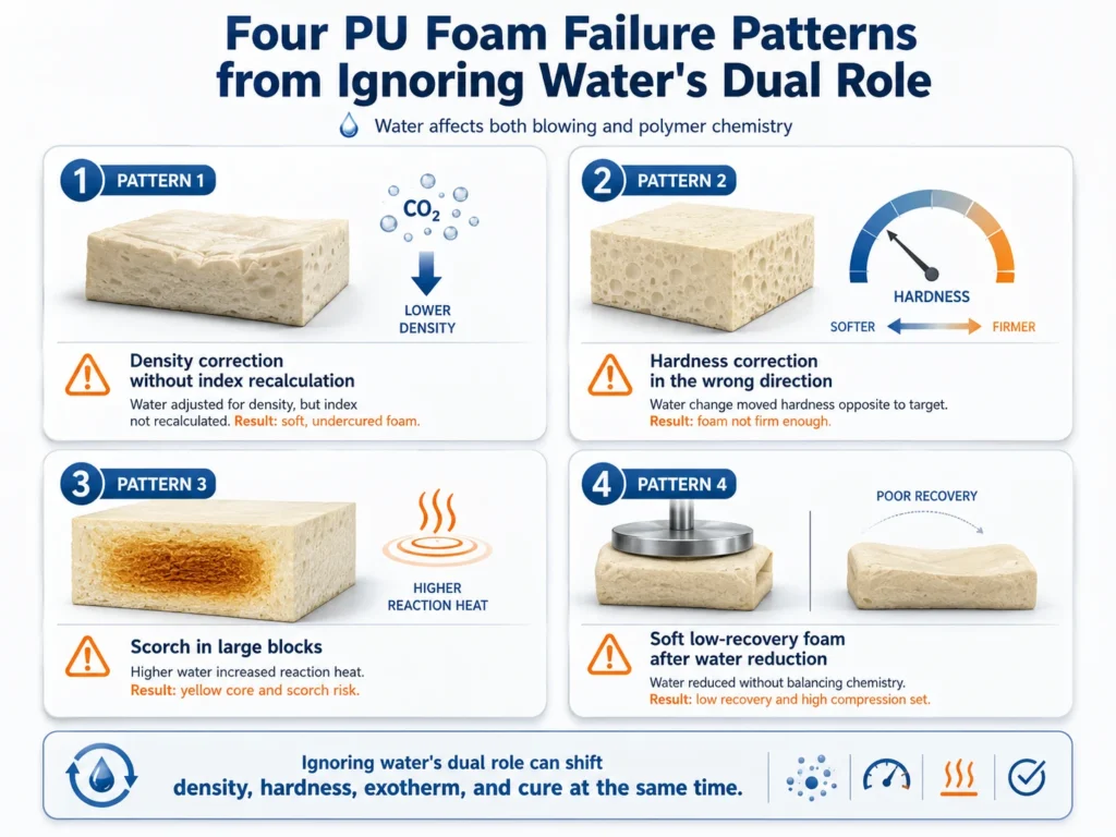  Common PU foam failure patterns from ignoring water dual role including scorch low recovery and index drift 