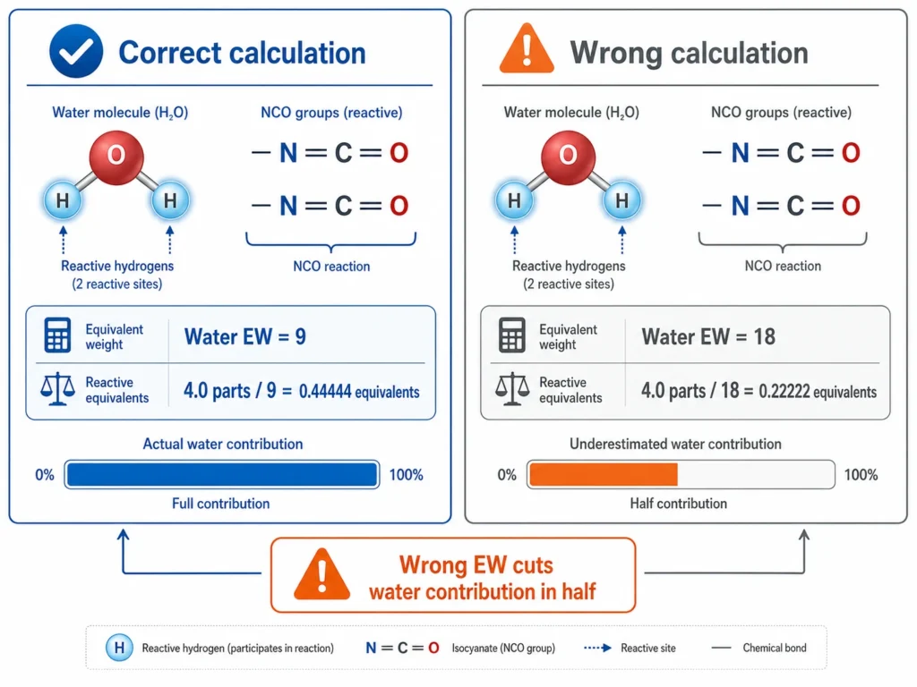 Water equivalent weight mistake showing EW 18 versus correct EW 9 in PU foam formulation