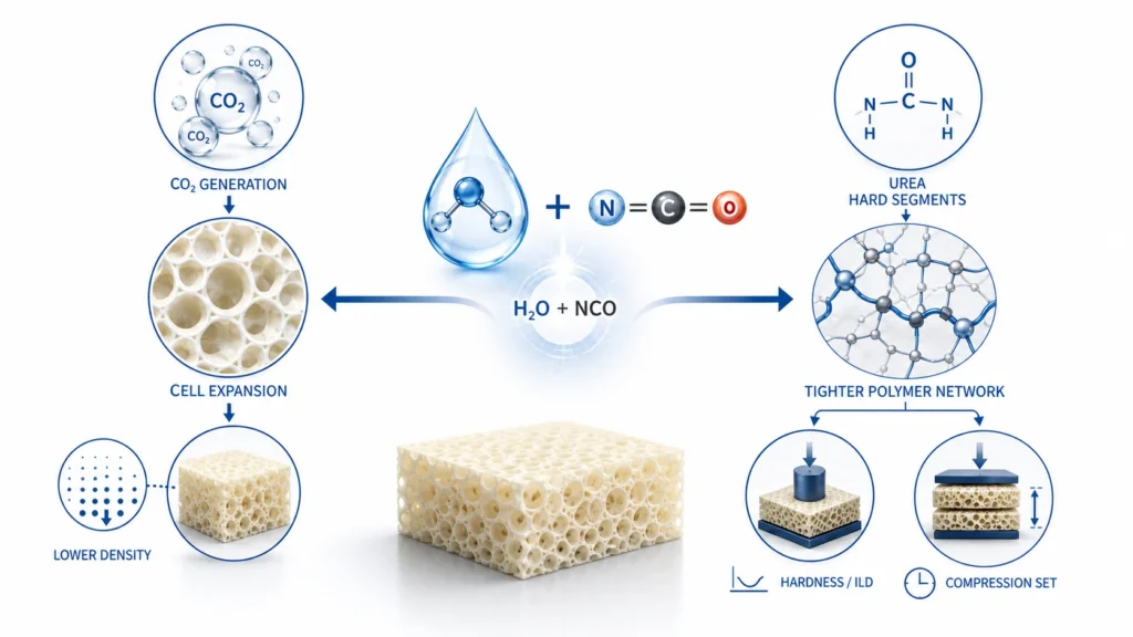 Water level in polyurethane foam changing CO2 generation and urea network formation 