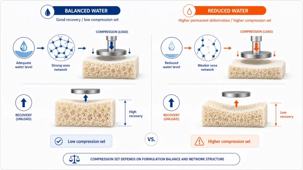 Water level affecting compression set in polyurethane foam through urea network formation