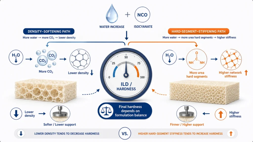 Water level effect on PU foam hardness and ILD through density and urea formation 