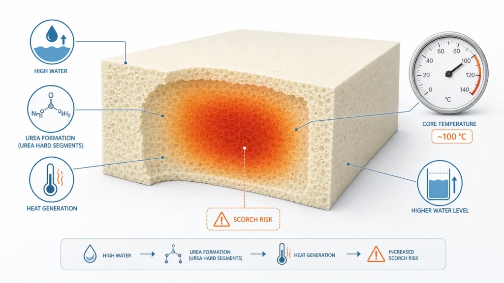 High water level causing exotherm and scorch risk in polyurethane foam slabstock core