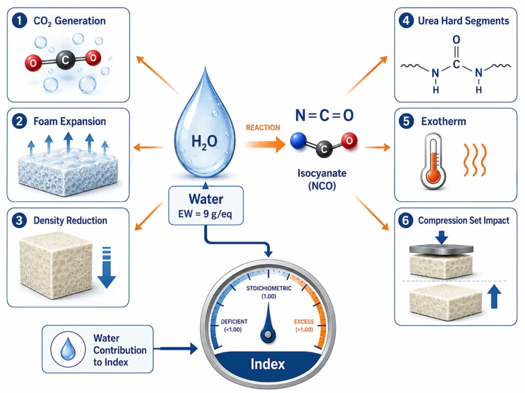 Water as reactive component in polyurethane foam contributing CO2 urea hard segments and equivalent hydrogen 